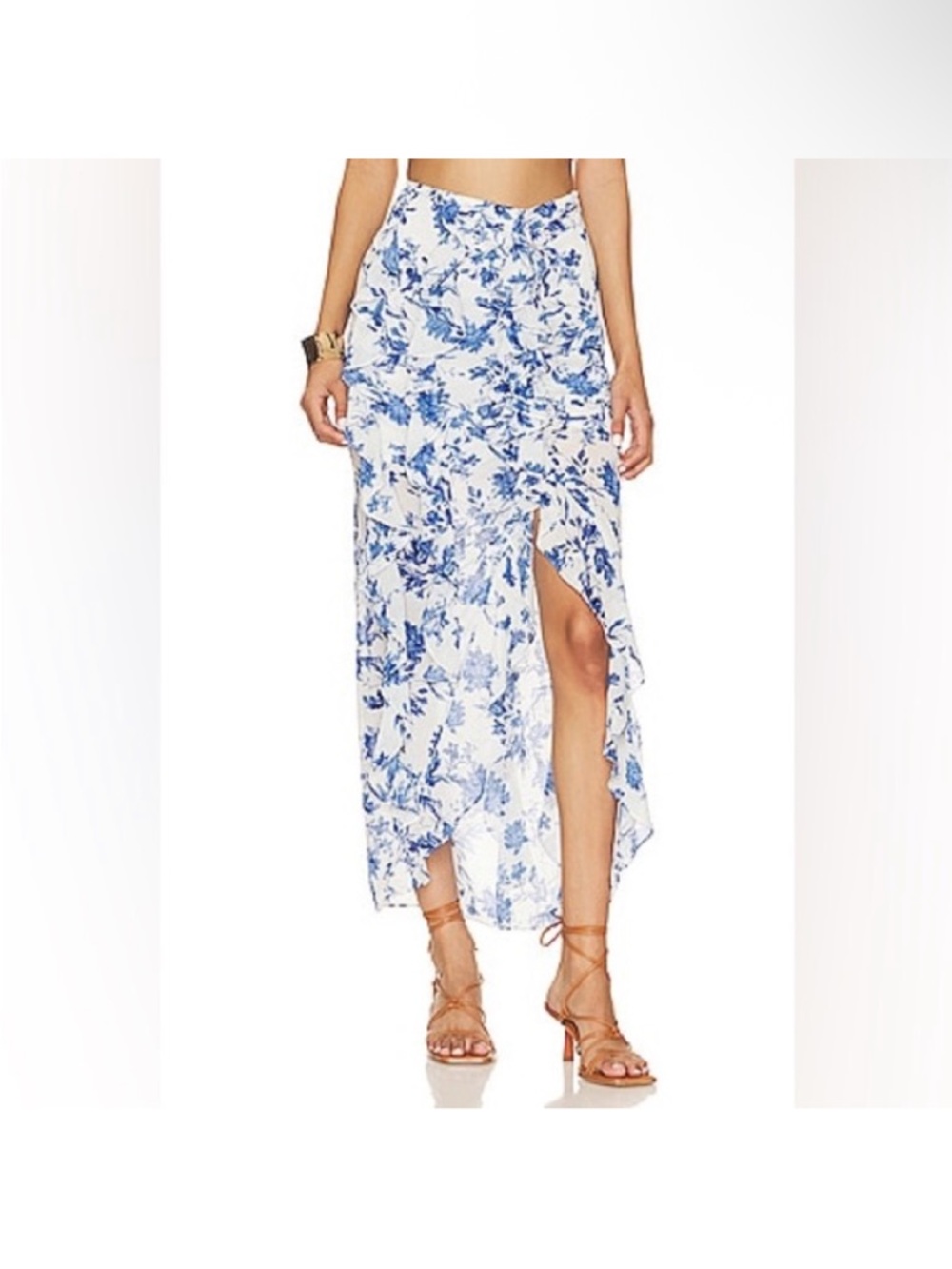FREE PEOPLE Flounce Around Maxi Skirt in Blue and White Floral Size 6